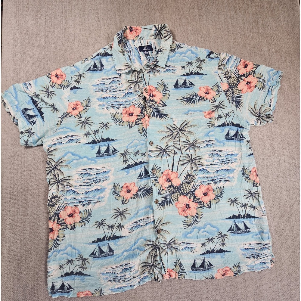 George Men's Tropical Shirts Short Sleeve Beach Floral Palms Blue Size XL